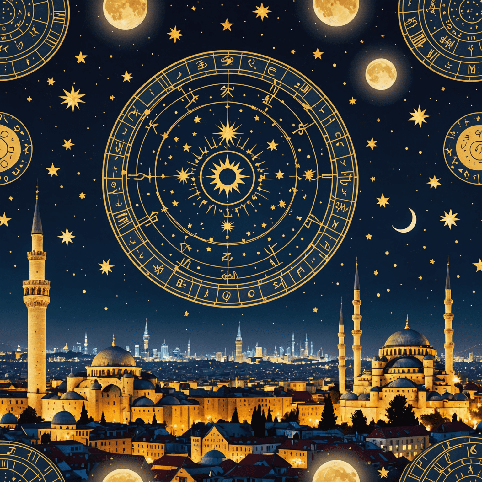 Türk astroloji sembolleri ve İstanbul silueti üzerinde yıldızlı gece gökyüzü