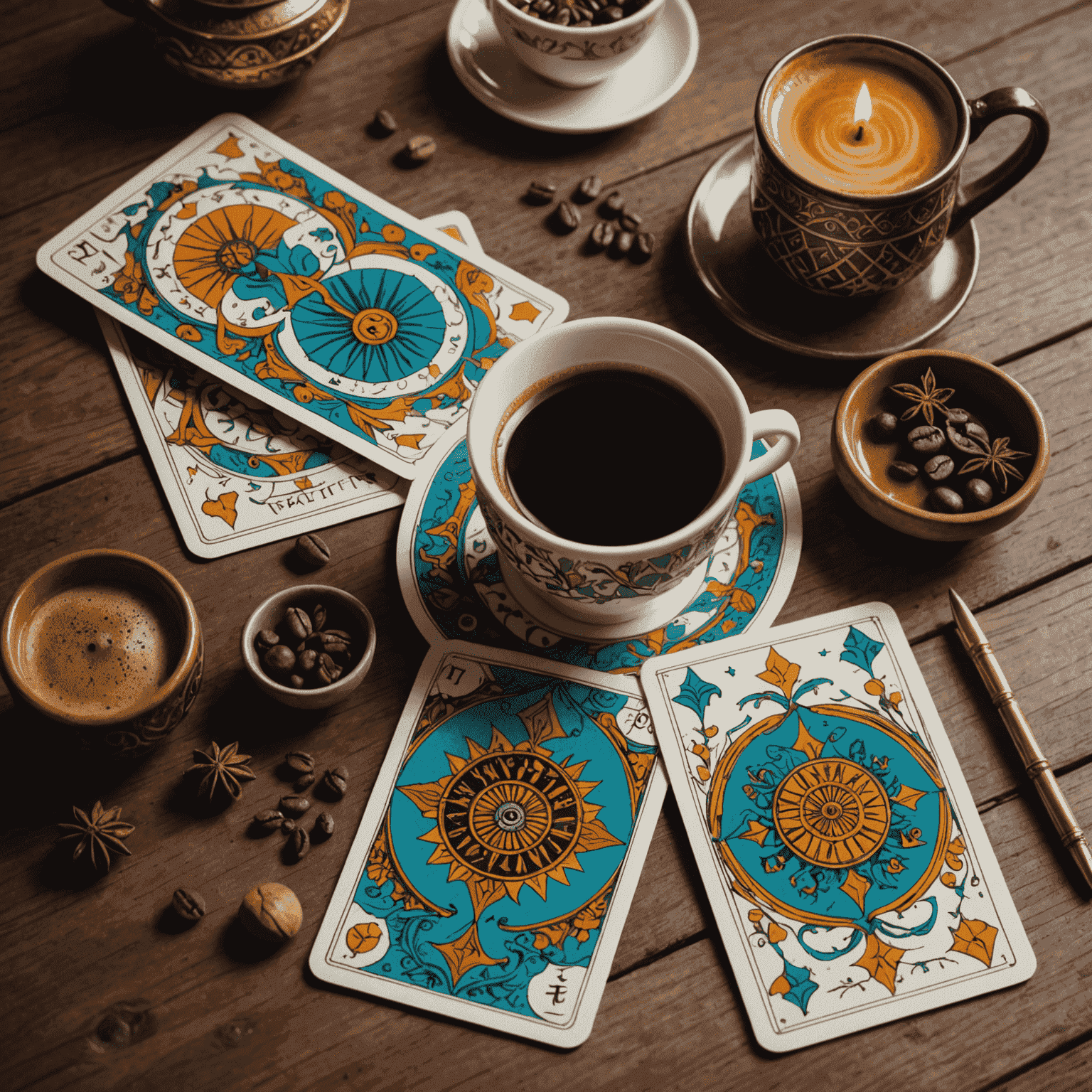 Türk motifleriyle süslenmiş tarot kartları ve kahve fincanı